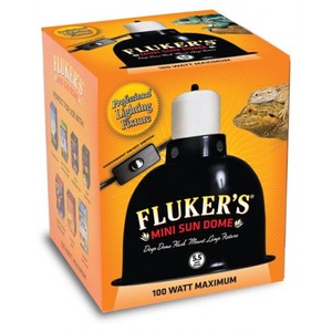 Orange packaging for Fluker's Mini Sun Dome showing a black lamp dome, a lizard image, and 100 watt maximum.