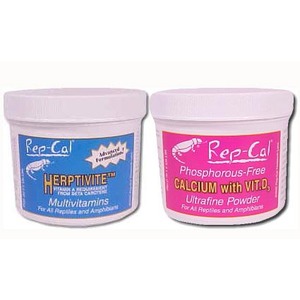 Two plastic jars labeled ReptCal: blue Herptivite multivitamins for reptiles and amphibians, pink phosphorus-free calcium powder with vitamin D.