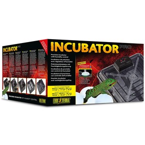 Incubator Pro packaging with a green gecko beside a clear reptile incubator tray and humidity control panel.