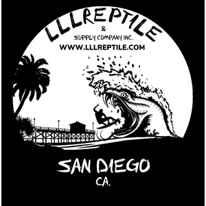 Circular black-and-white logo with a palm tree, pier, and a large dinosaur head breaking a wave; text reads LLL Reptile & Supply, San Diego, CA.