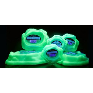 Five neon green glow-in-the-dark bowls with blue digital readouts against a dark background.