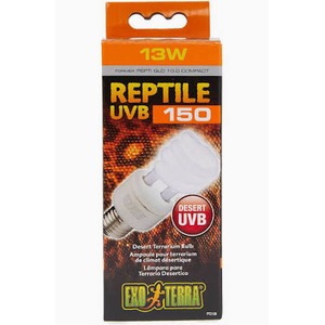 Packaging for Exo Terra Reptile UVB 150 13W desert UVB lamp with a white bulb.