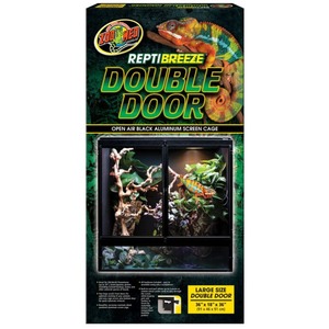 Zoo Med Repti Breeze Double Door open-air terrarium with a two-door screen cage and a colorful chameleon illustration.
