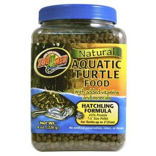 Jar of Natural Aquatic Turtle Food with hatchling formula, blue lid, label shows turtle graphic and pellets.