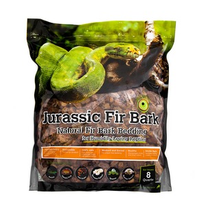 Bag of Jurassic Fir Bark natural reptile bedding with a green snake on a log, 8 quarts