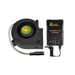 Incubator fan controller with a dial, connected to a compact blower unit via a cable.