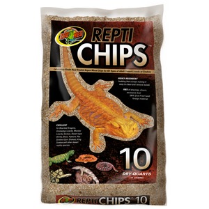 Bag of Zoo Med Repti Chips, 10 dry quarts, orange lizard graphic on black packaging.
