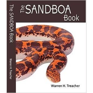 Coiled orange and black sandboa snake on white with the title The Sandboa Book by Warren H. Treacher