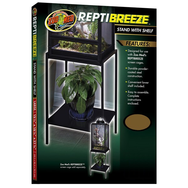 Zoo Med Reptibreeze stand with shelf packaging; black metal terrarium on top, plant on lower shelf, small cage on bottom.