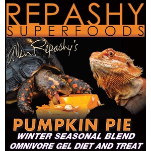 Bearded dragon and turtle with pumpkin pie–themed gel diet packaging from Repashy Superfoods.