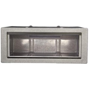 Rectangular metal mail slot with an open recessed cavity.