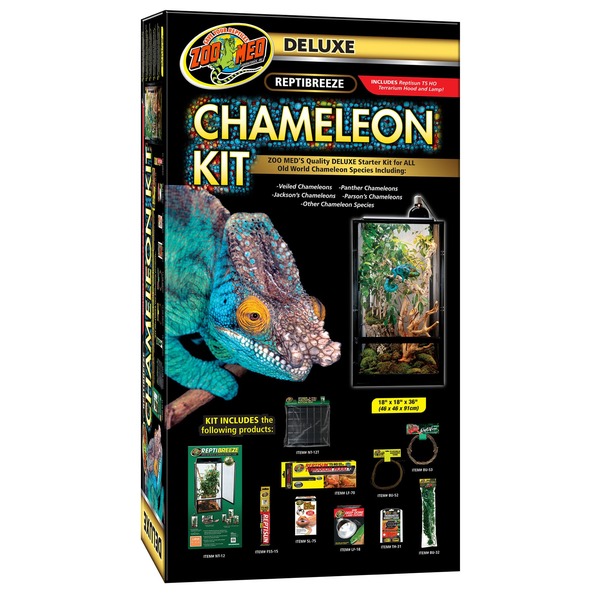 Chameleon Kit box shows a blue chameleon beside a glass terrarium with plants and reptiles gear labels Zoo Med Deluxe Reptibreeze