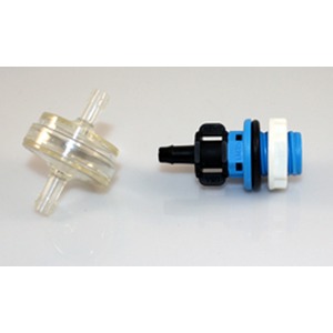 Two plastic valve components on a white surface: a transparent rotor-like piece and a blue-black-white quick-connect valve.