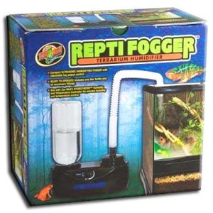 Repti Fogger terrarium humidifier kit box with pump, tubing, and terrarium photo illustration.