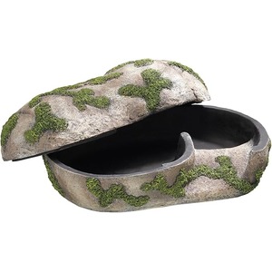 Stone clamshell container with green moss, open lid revealing dark interior.