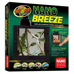 Zoo Med Nano Dome open-air aluminum screen cage habitat with acrylic front door and a terrarium inside.