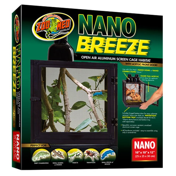 Zoo Med Nano Dome open-air aluminum screen cage habitat with acrylic front door and a terrarium inside.