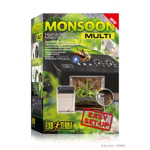 Monsoon Multi High-pressure Misting System box with a misting unit, terrarium setup, and an easy-set-up stamp.