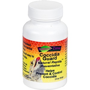 White plastic bottle with orange-yellow label reading Nature Zone Coccidia Guard, a natural reptile preventative.