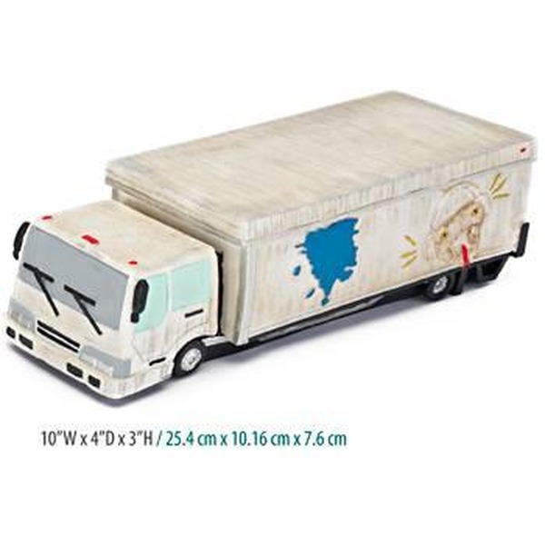 White semi-truck with a large beige trailer featuring a blue map silhouette on its side.