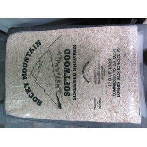 Bag of softwood screened shavings labeled Rocky Mountain.