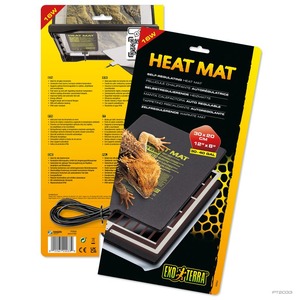 Heat mat packaging with a bearded dragon perched on a black mat; yellow and black design with size 30x20 cm.