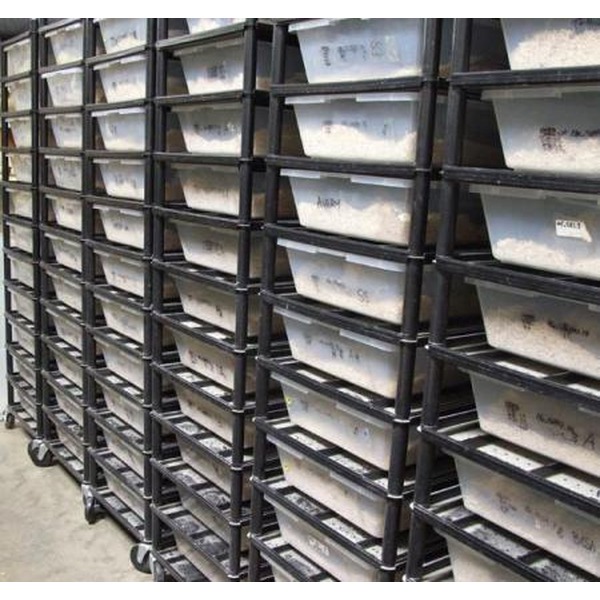 Rows of black wheeled carts with white bins stacked in a warehouse.