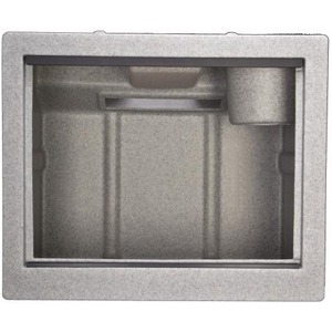 Recessed metal safe with empty interior and a small vented opening near the top.