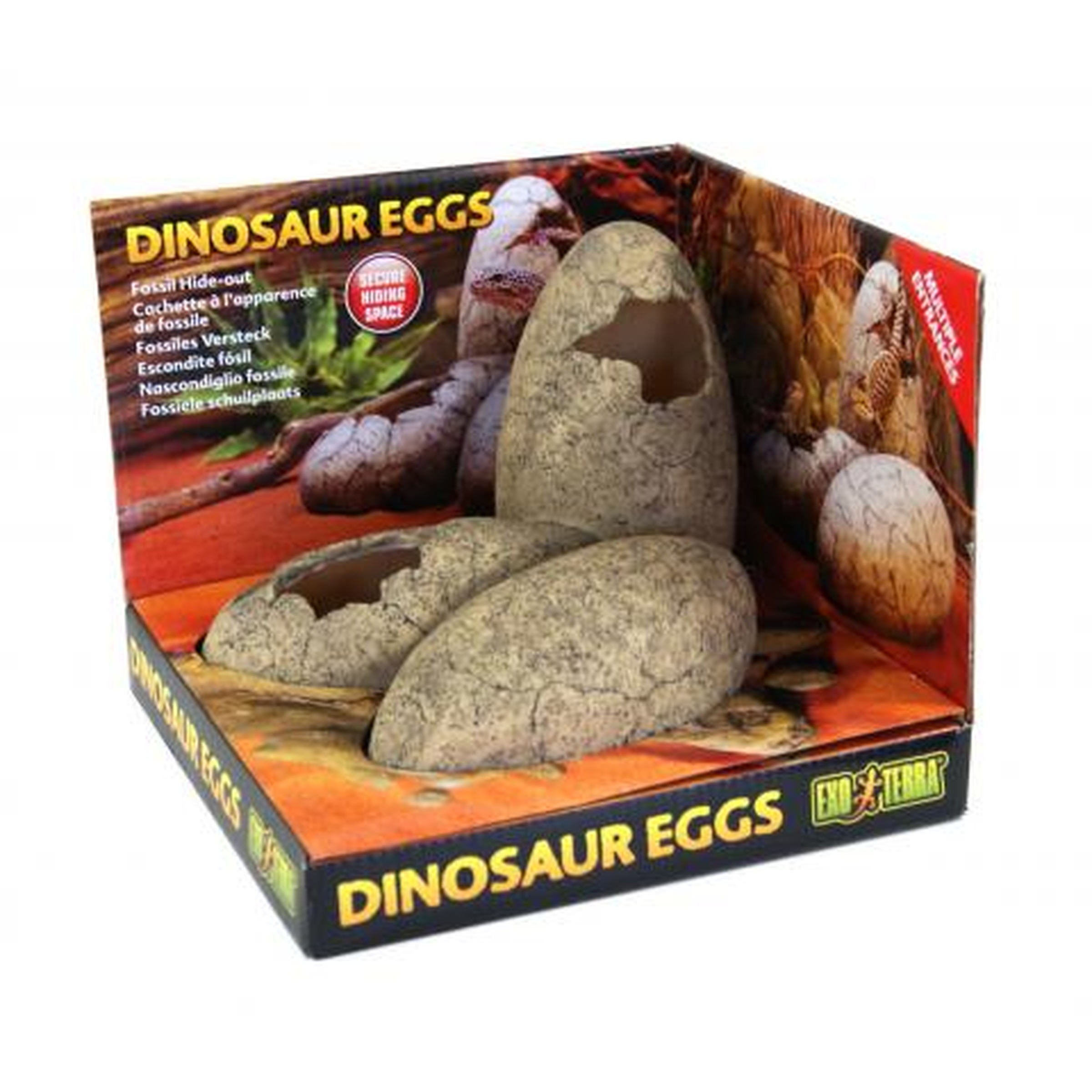 Dinosaur eggs toy set in an open display box with large cracked eggs.