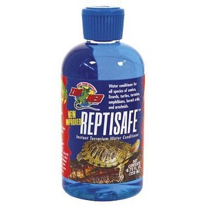 Blue bottle labeled Reptisafe instant terrarium water conditioner with blue screw cap.