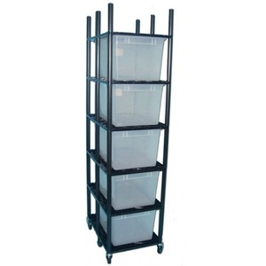 Tall black metal rolling storage cart with four shelves holding translucent plastic bins.