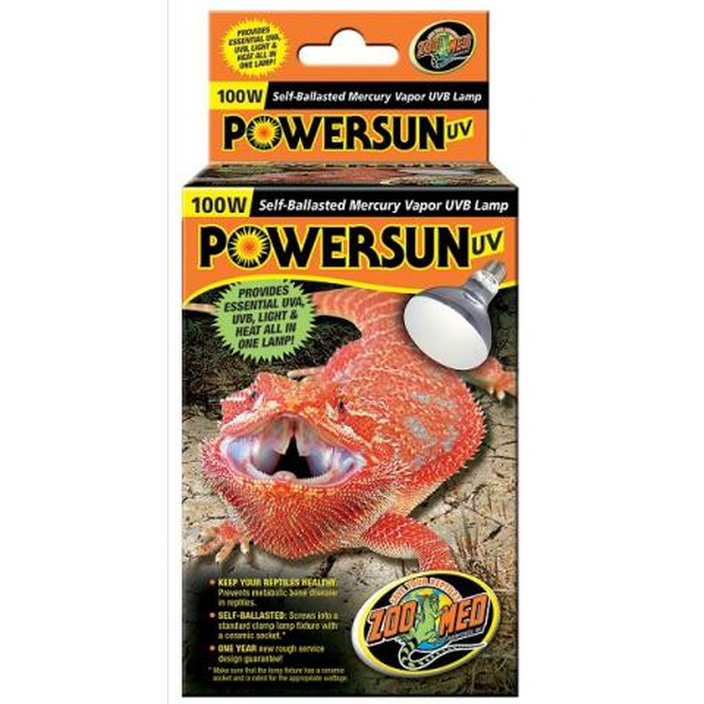Powersun UV 100W lamp packaging with orange/black design and a red spiny sea creature graphic.
