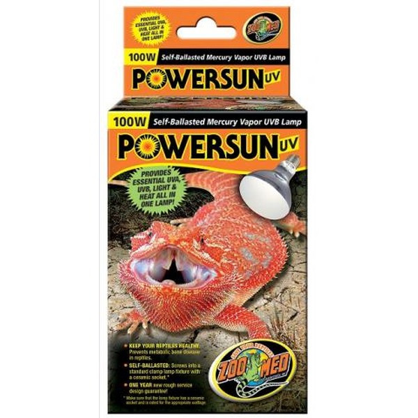 Powersun UV 100W lamp packaging with orange/black design and a red spiny sea creature graphic.