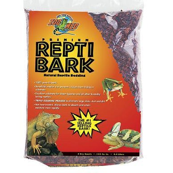 Zoo Med Repti Bark natural reptile bedding orange bag with lizard and frog graphics.