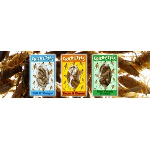 Three Crick-ettes snack boxes in Salt N' Vinegar, Bacon & Cheese, and Sour Cream & Onion flavors.
