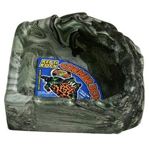 Green textured reptile-rock corner hideout with a label reading “Repti Rock Corner Bowl.”
