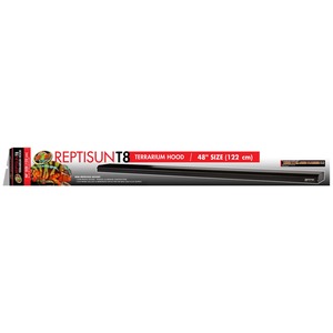 Reptisun T8 terrarium hood packaging with bold red banner, a colorful lizard graphic, and a long black hood.
