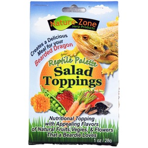 Bearded dragon beside a bright label titled Reptile Palette Salad Toppings with fresh vegetables.