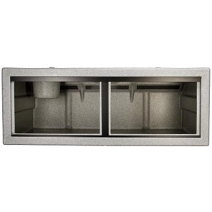 Open chest freezer with two empty, divided compartments.