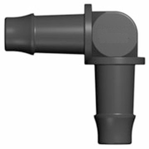 Black L-shaped plastic pipe elbow connector with two circular openings.