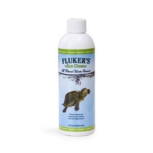 White bottle of Fluker's Eco Clean with a blue-green label and a turtle illustration.