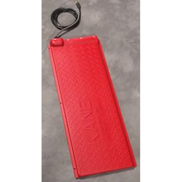 Red power bank with a coiled black USB cable on a gray surface.