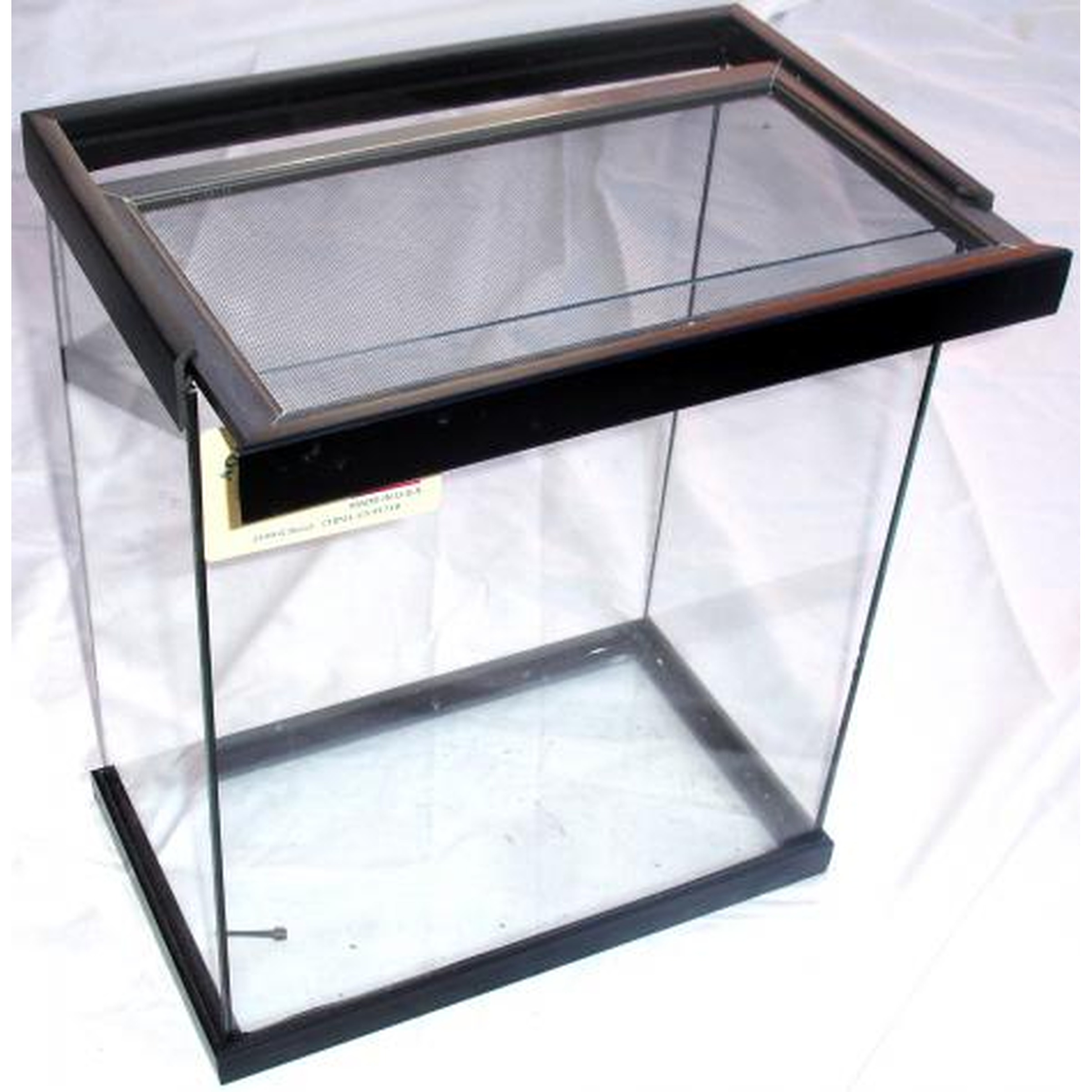 Rectangular glass aquarium with black frame and mesh-covered top.