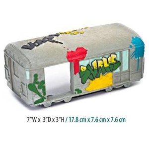 Grey toy train car with vibrant graffiti and paint splatters in red, yellow, green, and blue.