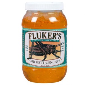 Fluker's Cricket Quencher calcium fortified drink in a clear orange jar with a white lid.