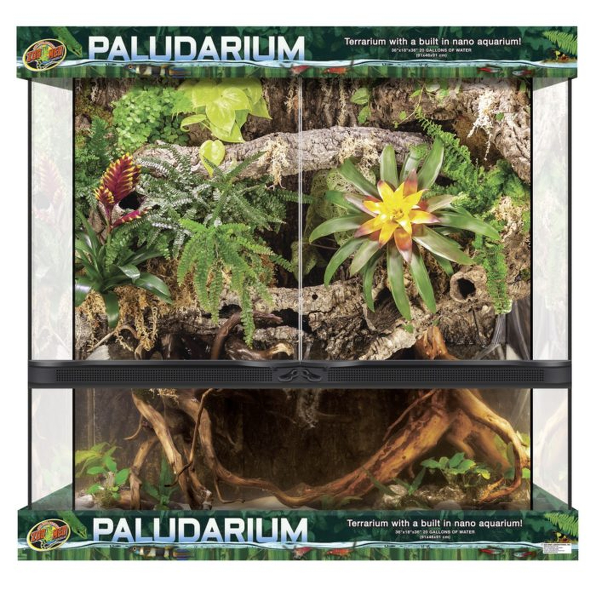 Two-level paludarium terrarium with lush tropical plants, moss, and exposed driftwood roots.