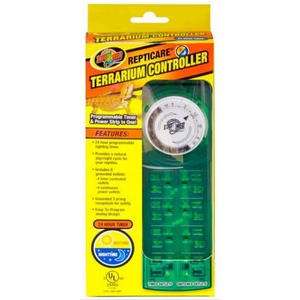 Yellow box packaging for a reptile terrarium controller with a round timer dial and programmable timer features.