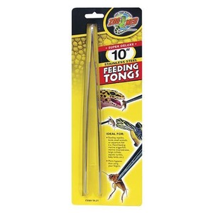 Two 10-inch stainless steel feeding tongs in yellow Zoo Med packaging with reptile graphics.
