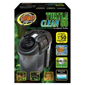 Zoo Med Turtle Clean 50 external canister filter for aquatic turtles, with graphics and rating icons.