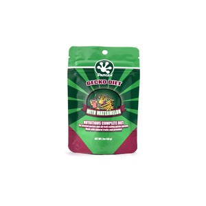 Green and pink gecko diet pet food bag labeled “Pangea Gecko Diet” with watermelon flavor and a gecko graphic.